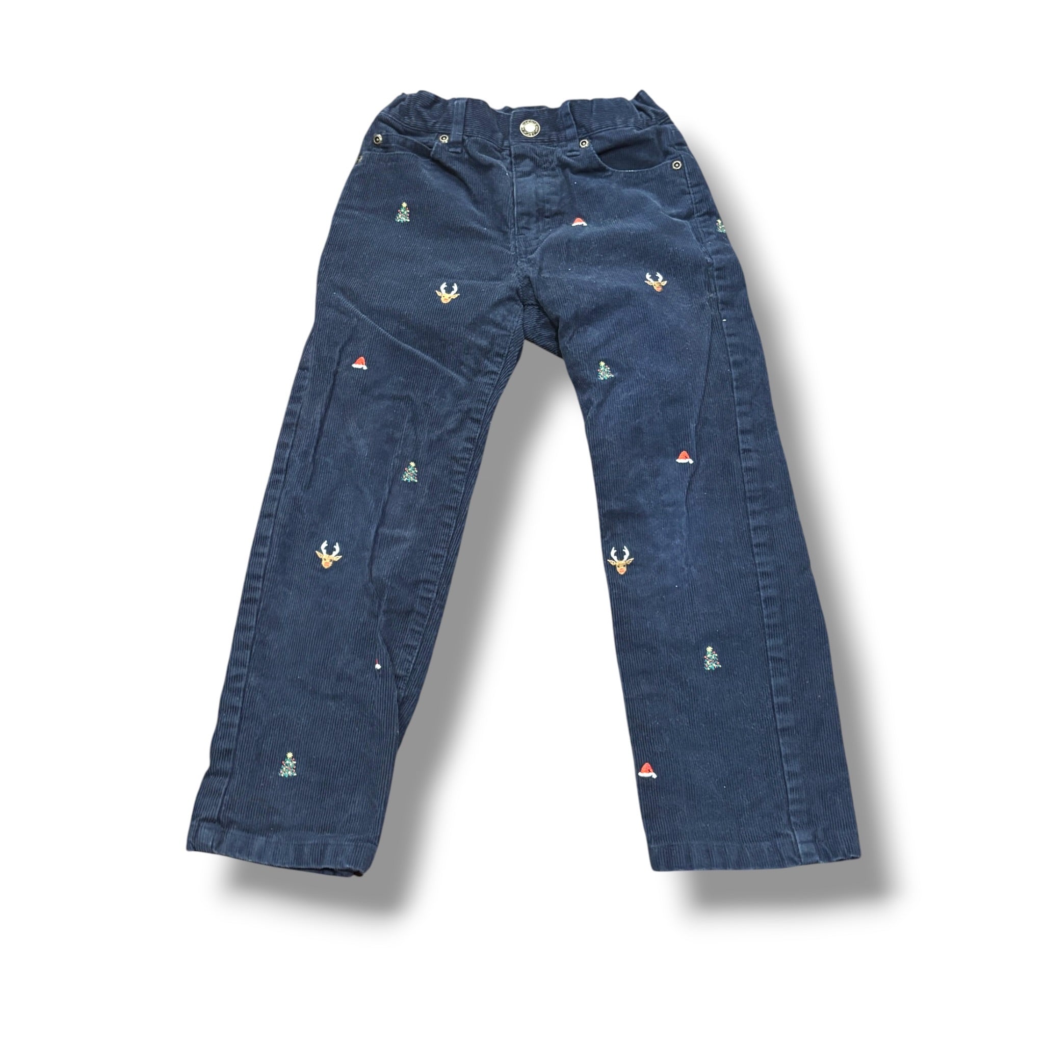 Size 5 Boys Janie and Jack Navy Corduroy pants w/ Christmas trees, Santa hats, reindeer