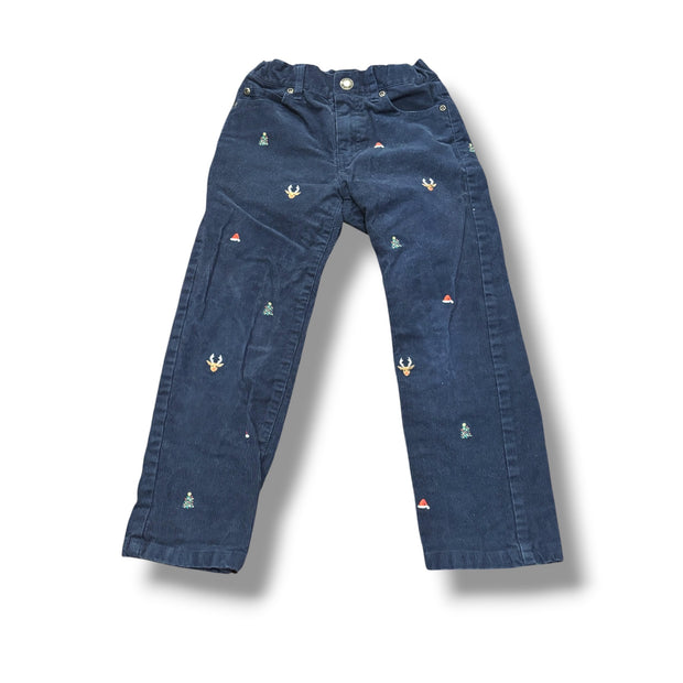 Size 5 Boys Janie and Jack Navy Corduroy pants w/ Christmas trees, Santa hats, reindeer