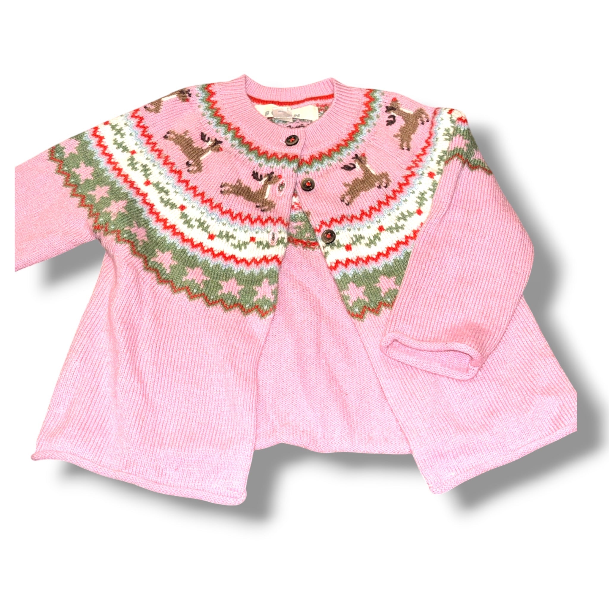 Size 12-18 month Girls Boden Pink Cardigan w/ reindeer, Fair Isle pattern