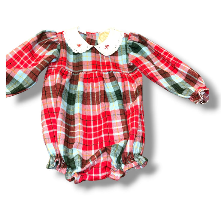 Size 12-18 month Girls TBBC Green Red/green/teal plaid wool bubble w/ bows on collar
