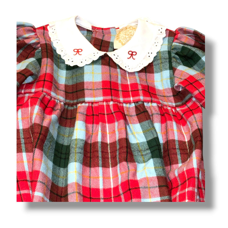 Size 12-18 month Girls TBBC Green Red/green/teal plaid wool bubble w/ bows on collar