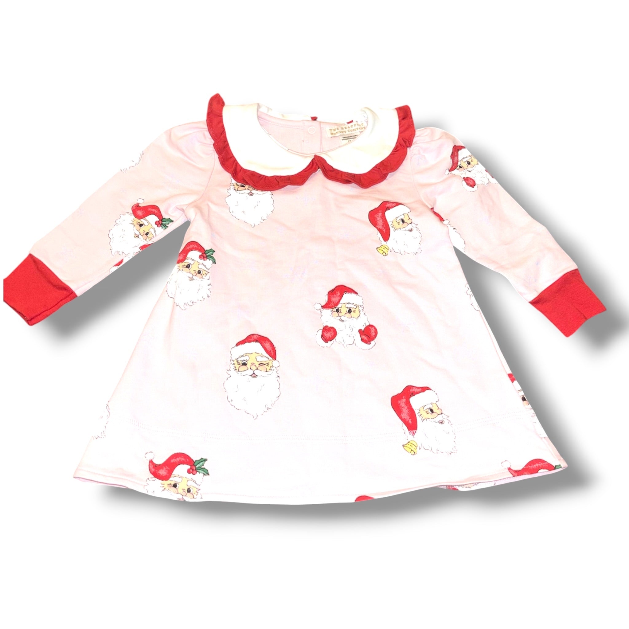 Size 12-18 month Girls TBBC Pink Dress w/ Santa faces & red/white ruffle collar