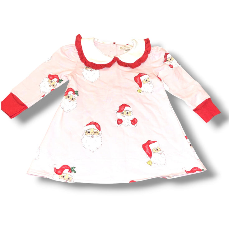 Size 12-18 month Girls TBBC Pink Dress w/ Santa faces & red/white ruffle collar
