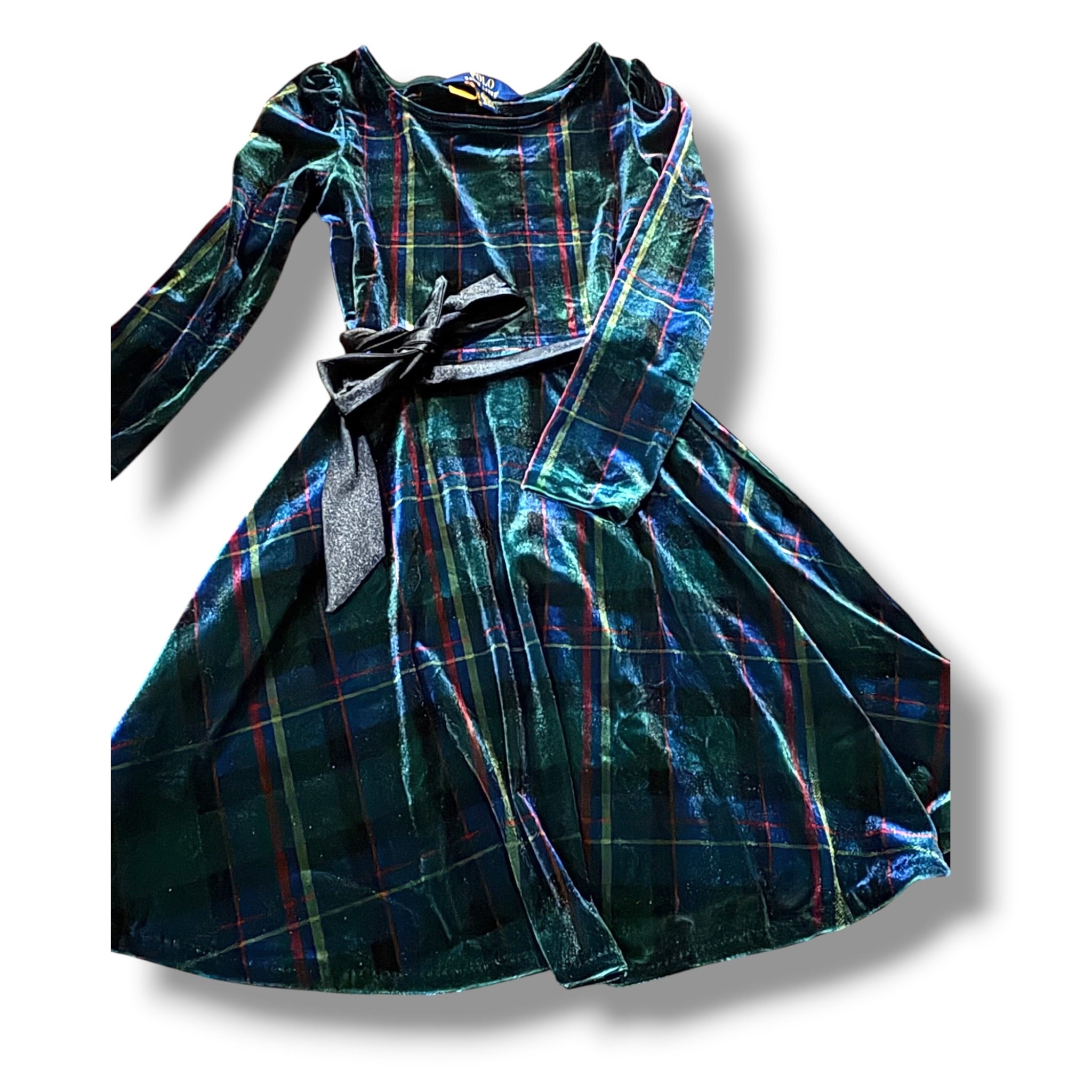 Size 3 Girls Ralph Lauren Green w/ black, blue, red plaid velvet dress NWT