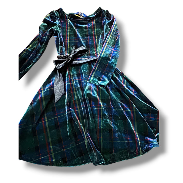 Size 3 Girls Ralph Lauren Green w/ black, blue, red plaid velvet dress NWT