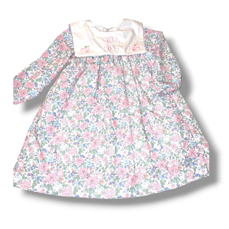 Size 3 Girls Cecil & Lou White Dress w/ pastel flowers, pumpkins, "E"