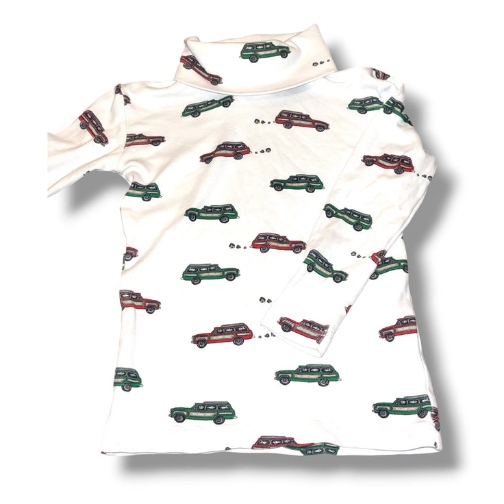 Size 3 Boys TBBC White Turtleneck w/ red & green station wagons