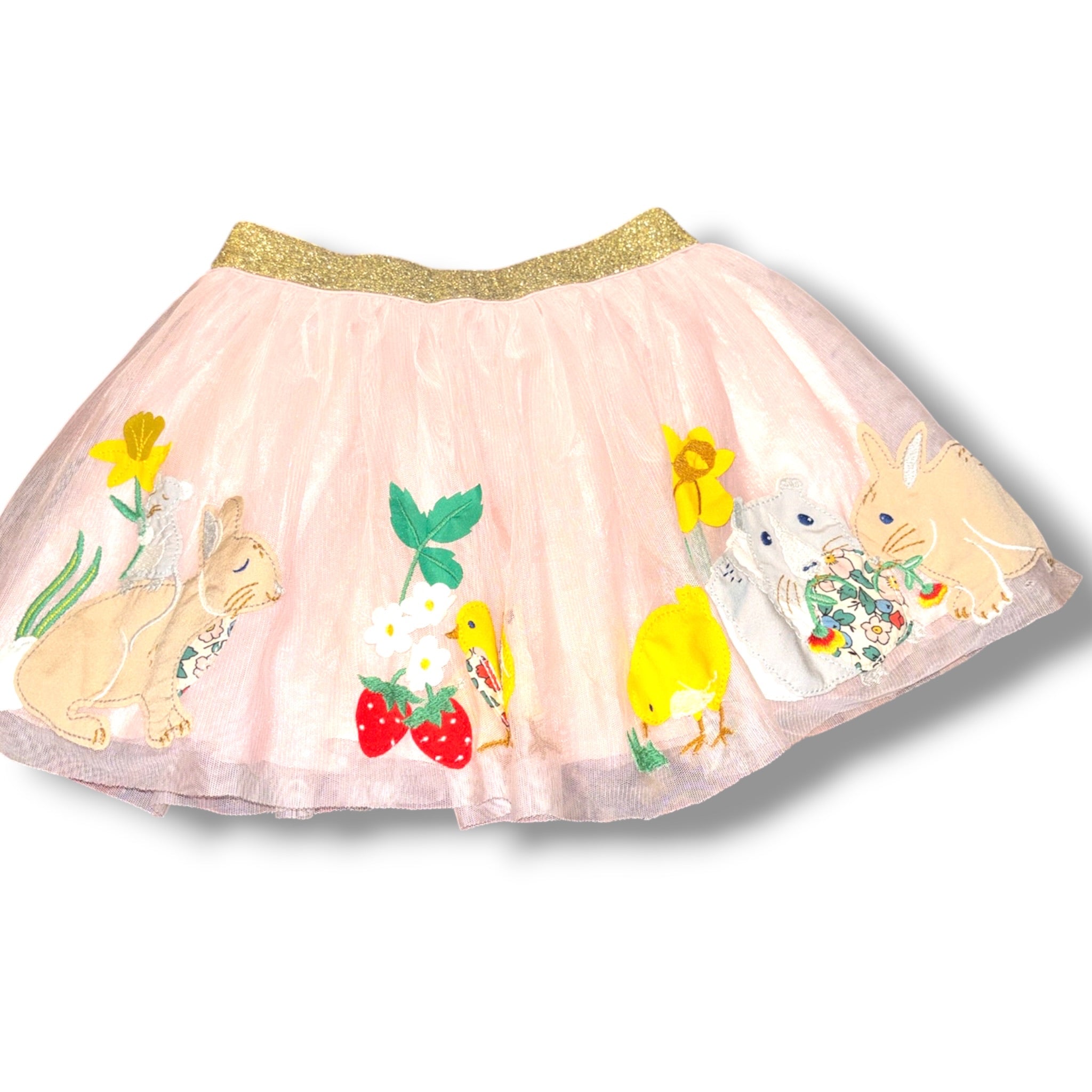 Size 4 Girls Boden Pink Tulle skirt w/ gold waistband, bunny/chicks/hamster appliques