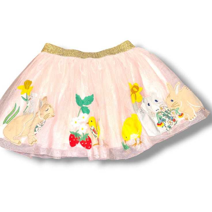 Size 4 Girls Boden Pink Tulle skirt w/ gold waistband, bunny/chicks/hamster appliques