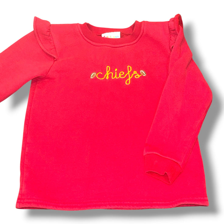 Size 6 Girls JellyBean Red Red sweatshirt w/ "Chiefs" and two footballs, ruffle shoulders