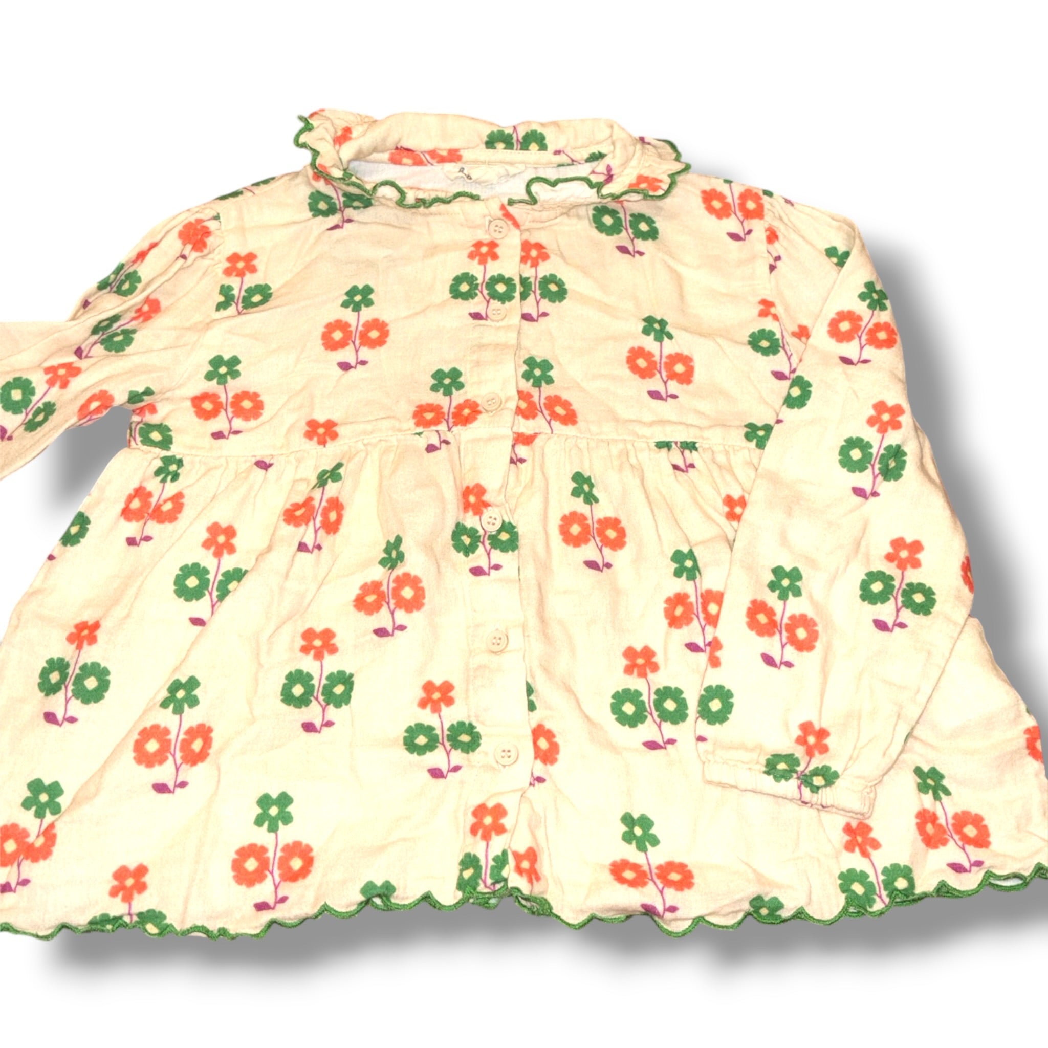 Size 6 Girls Hello Simone Cream Cream blouse w/ purple/orange/green flowers, scalloped collar
