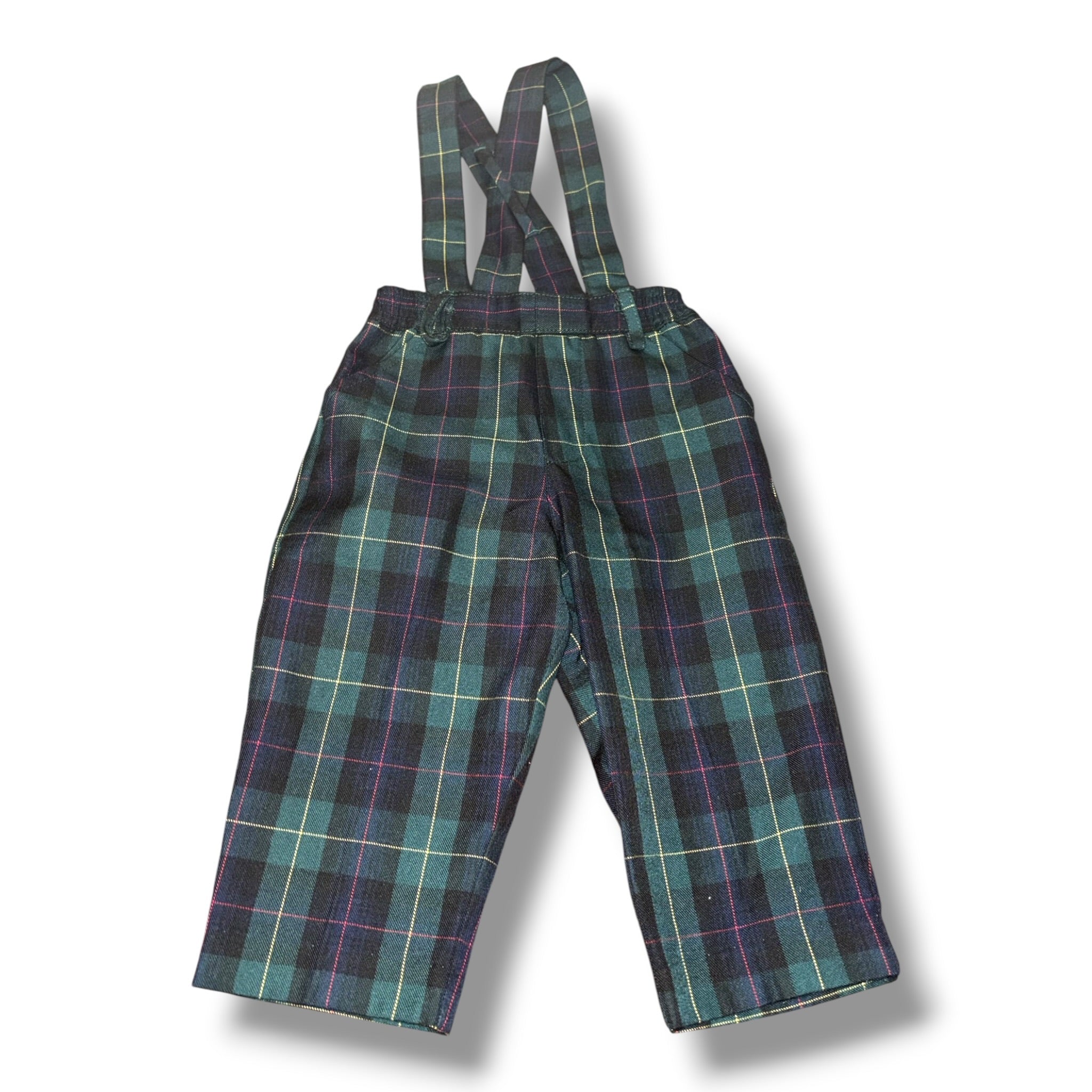 Size 18 month Boys Florence Eiseman Green Green/navy/yellow plaid wool pants w/ suspenders