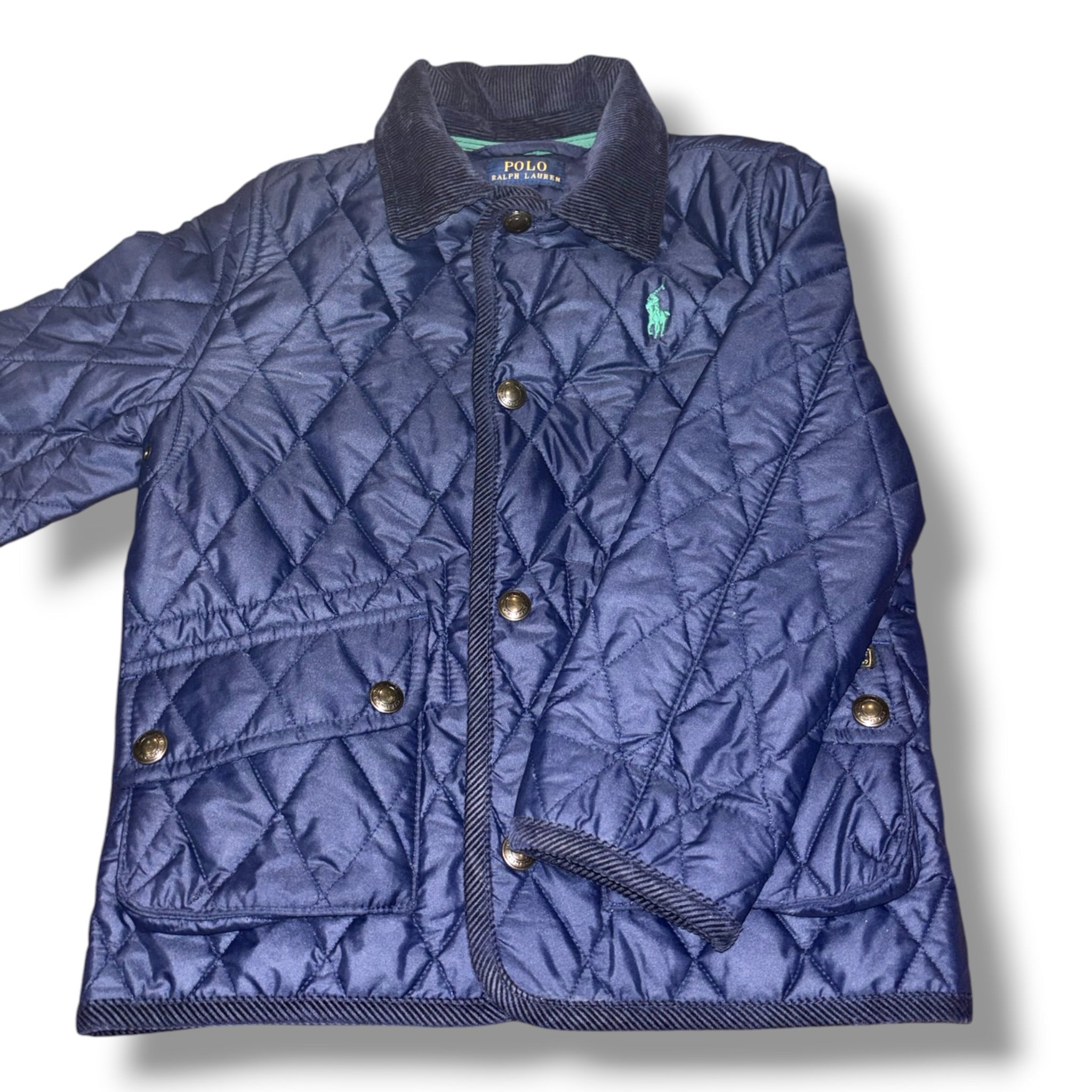Size 4 Boys Ralph Lauren Navy Navy quilted jacket w/ cordoroy collar, green lining