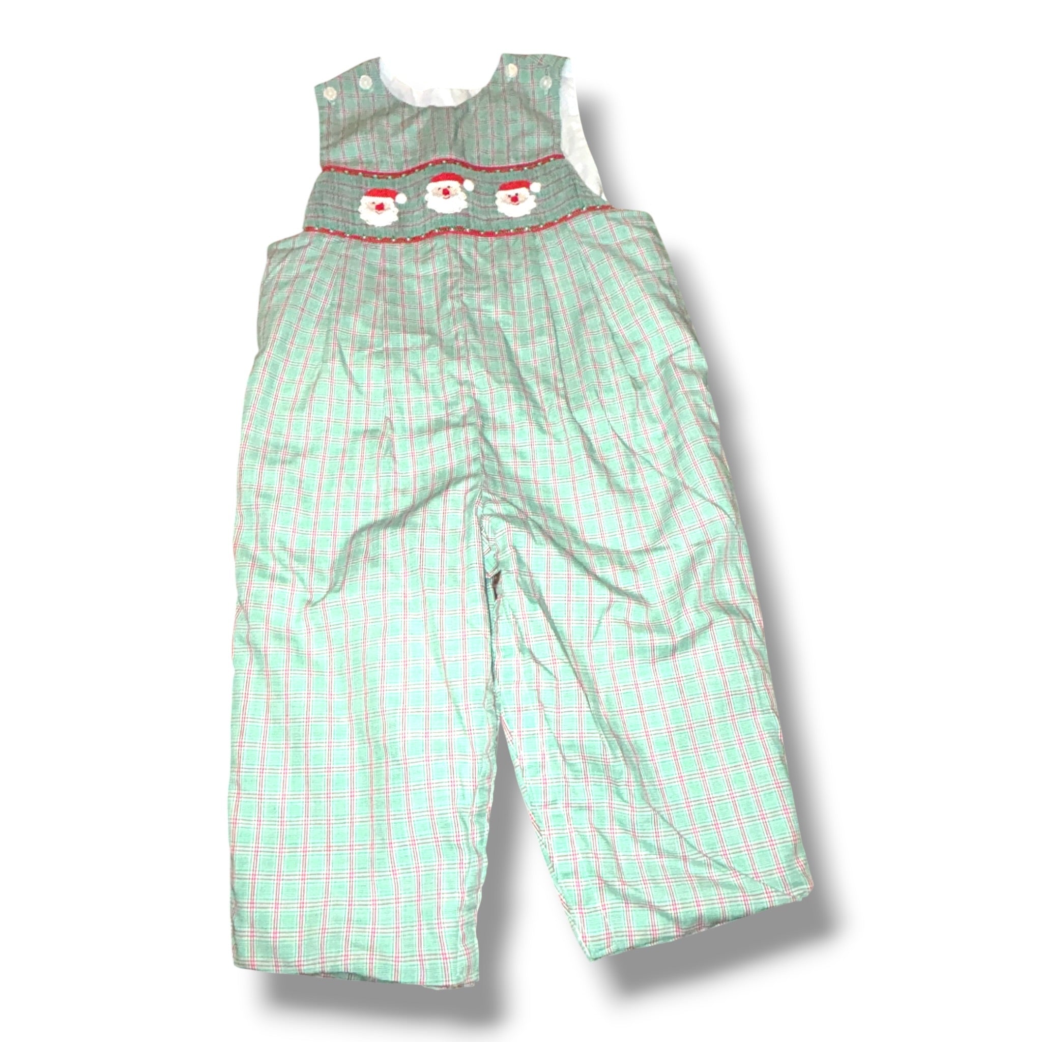 Size 24 month Boys Anavini Green Green/red plaid overalls smocked Santas