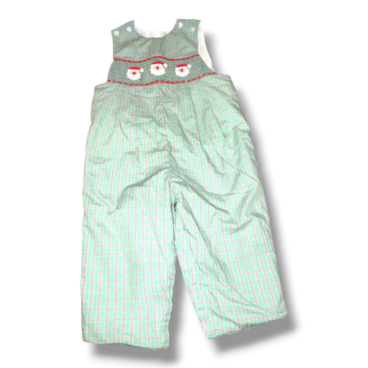 Size 24 month Boys Anavini Green Green/red plaid overalls smocked Santas