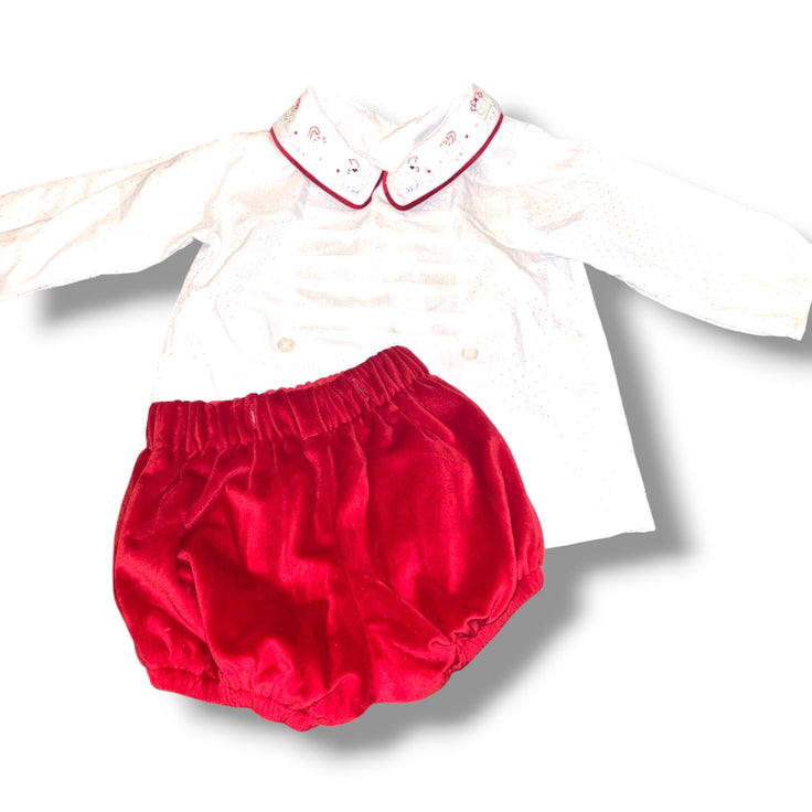 Size 6 month Boys Dondolo White White swiss-dot shirt w/ holiday train on collar, red velvet button-in shorts