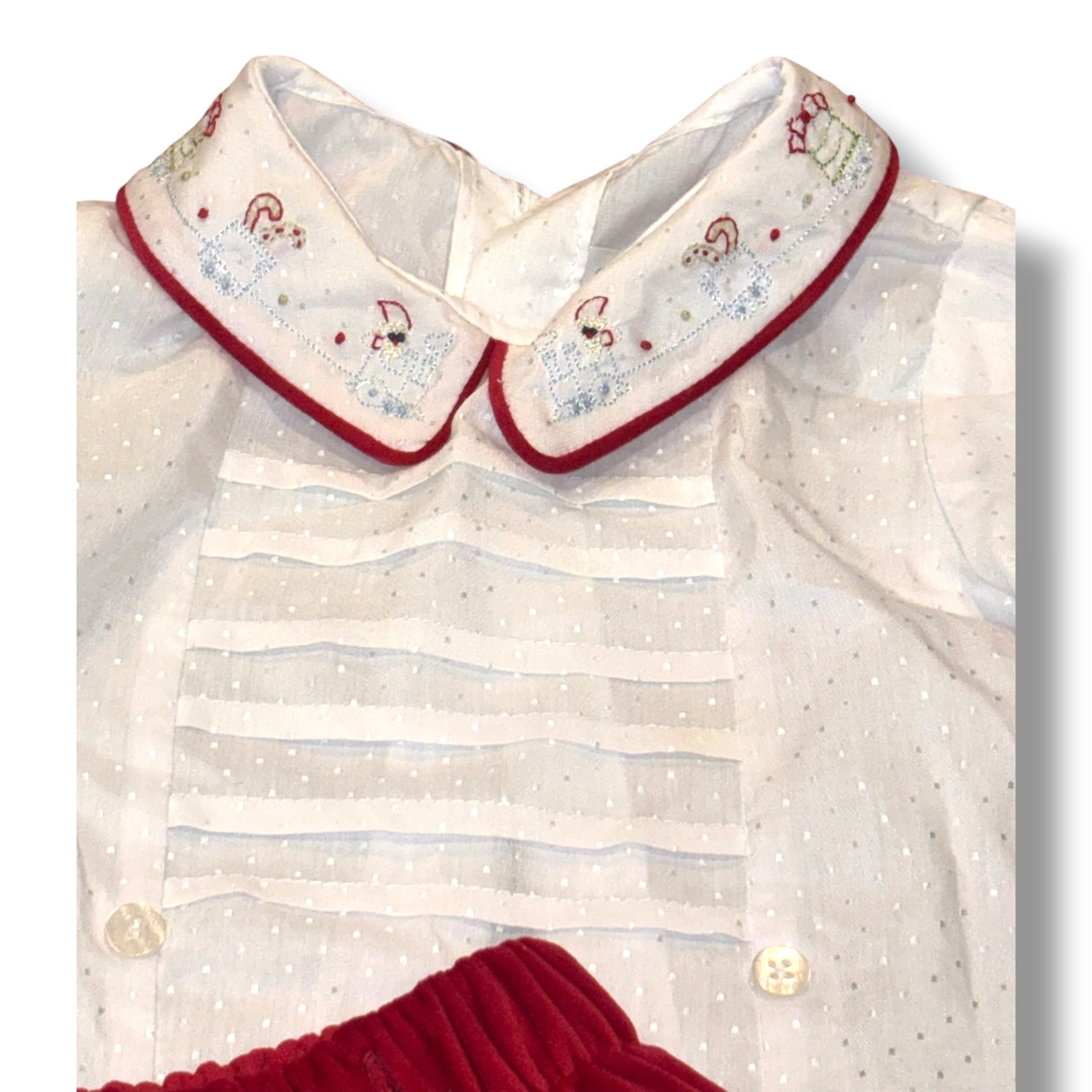 Size 6 month Boys Dondolo White White swiss-dot shirt w/ holiday train on collar, red velvet button-in shorts