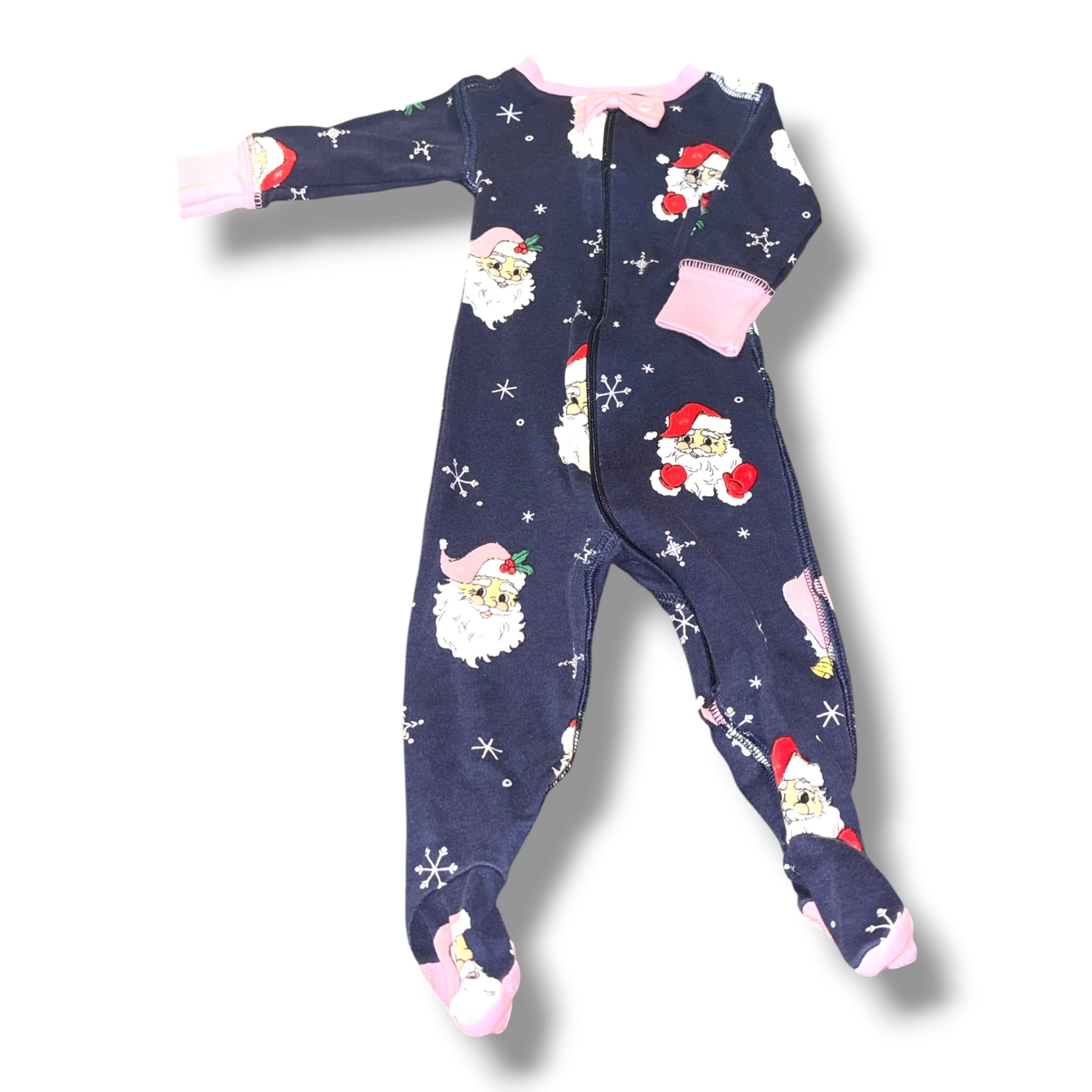 Size 0-3 month Girls TBBC Navy Navy sleeper w/ Santa faces, pink trim