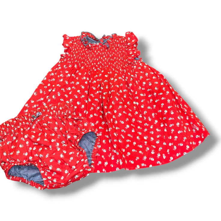 Size 3-6 month Girls Pink Chicken Red Red dress w/ white flowers, blue trim