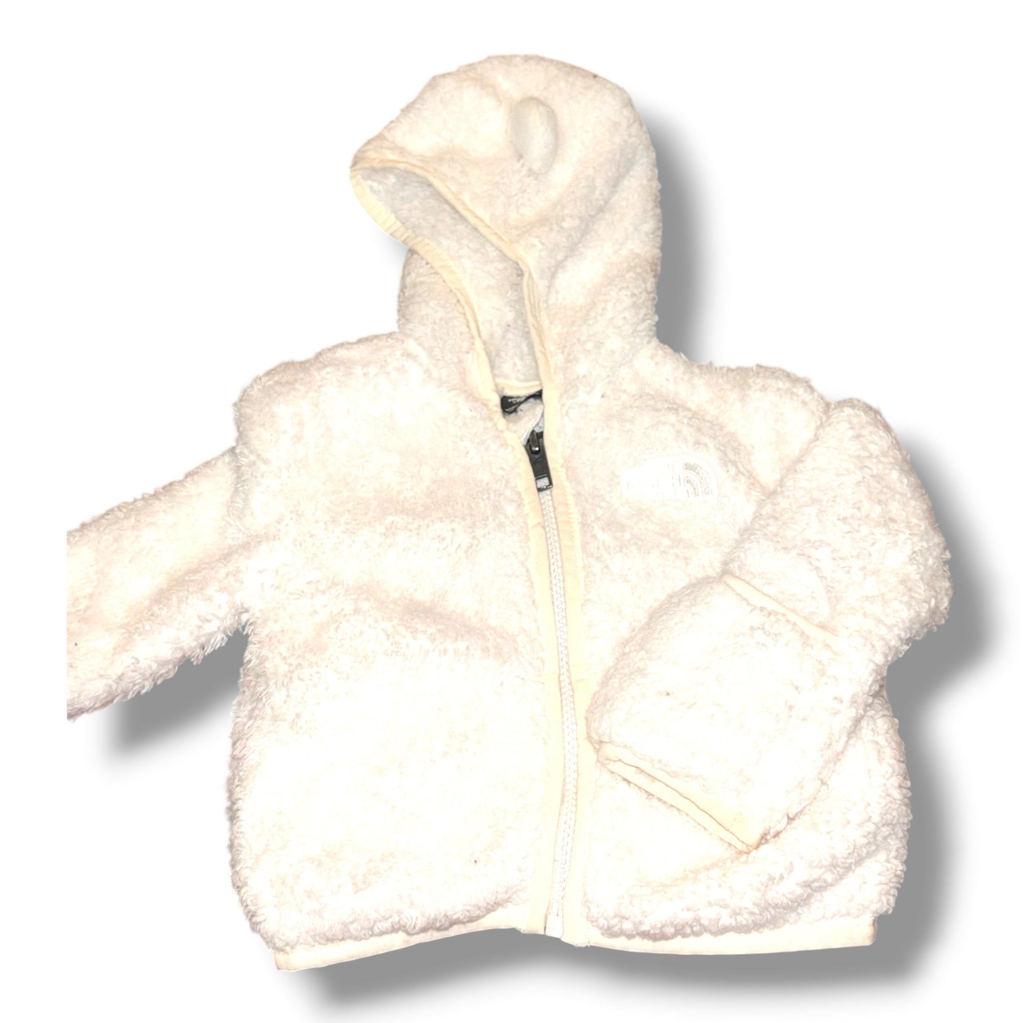 Size 3-6 month -s North Face White White sherpa jacket w/ ears on hood