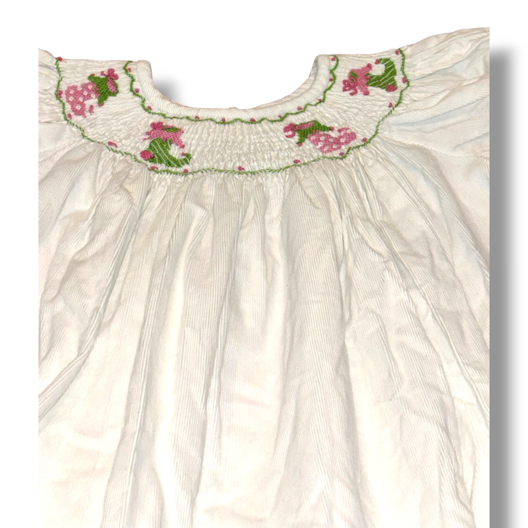 Size 2 Girls Shrimp & Grits White White corduroy dress w/ smocked stockings