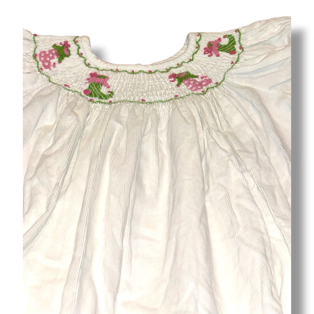 Size 2 Girls Shrimp & Grits White White corduroy dress w/ smocked stockings