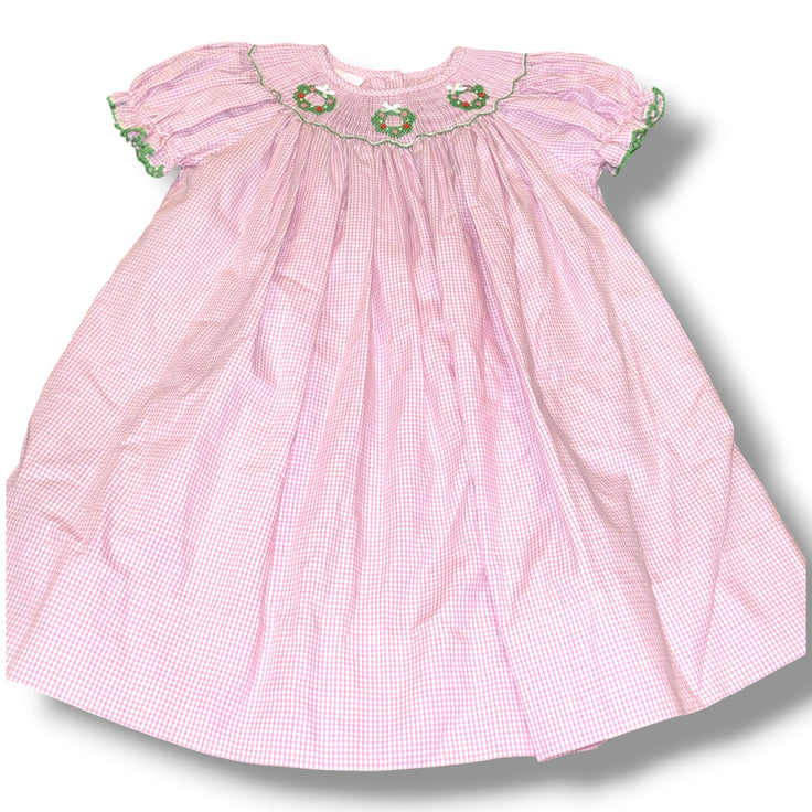 Size 18 month Girls Petite Bebe Pink Pink & white gingham smocked dress w/ Christmas wreaths