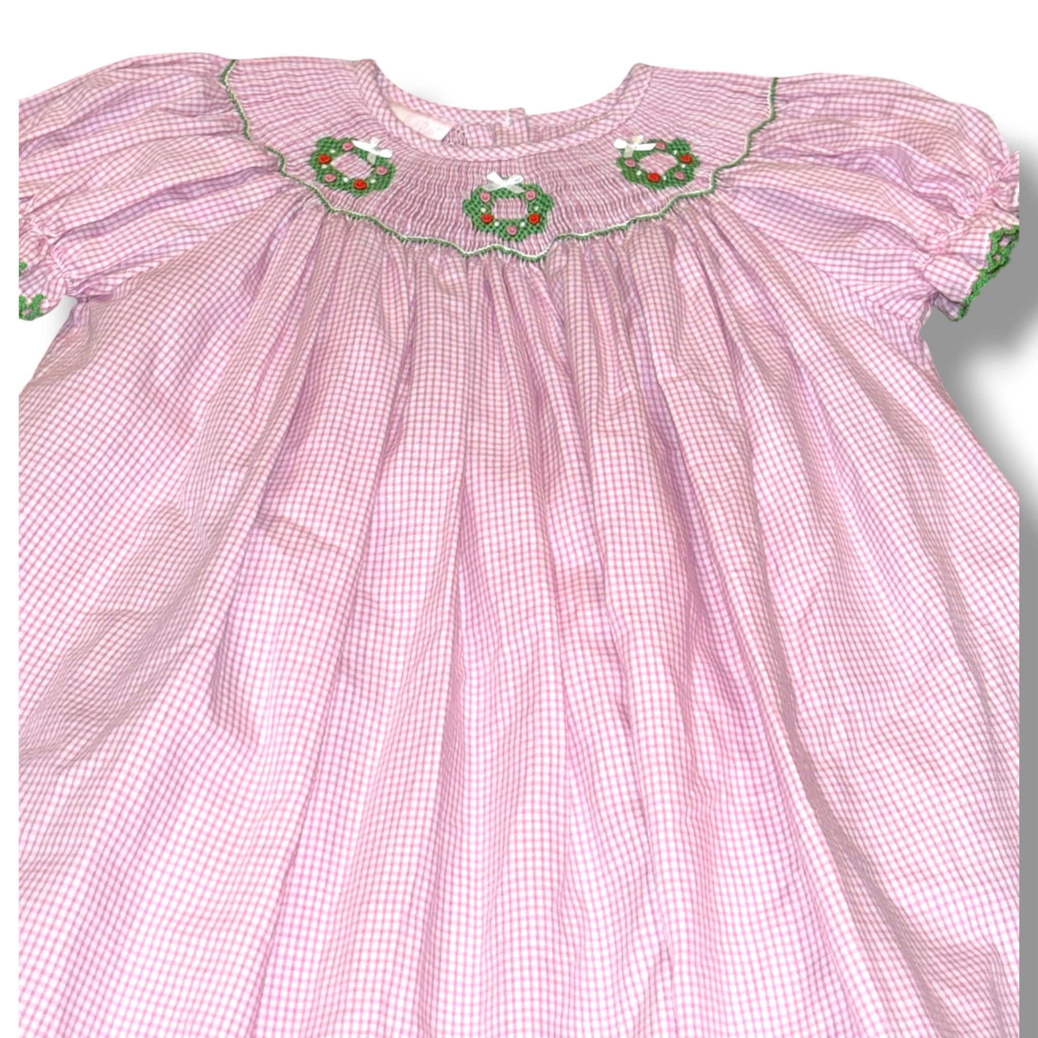 Size 18 month Girls Petite Bebe Pink Pink & white gingham smocked dress w/ Christmas wreaths