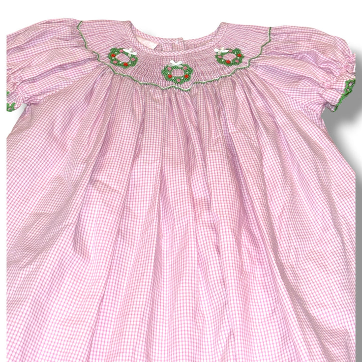 Size 18 month Girls Petite Bebe Pink Pink & white gingham smocked dress w/ Christmas wreaths