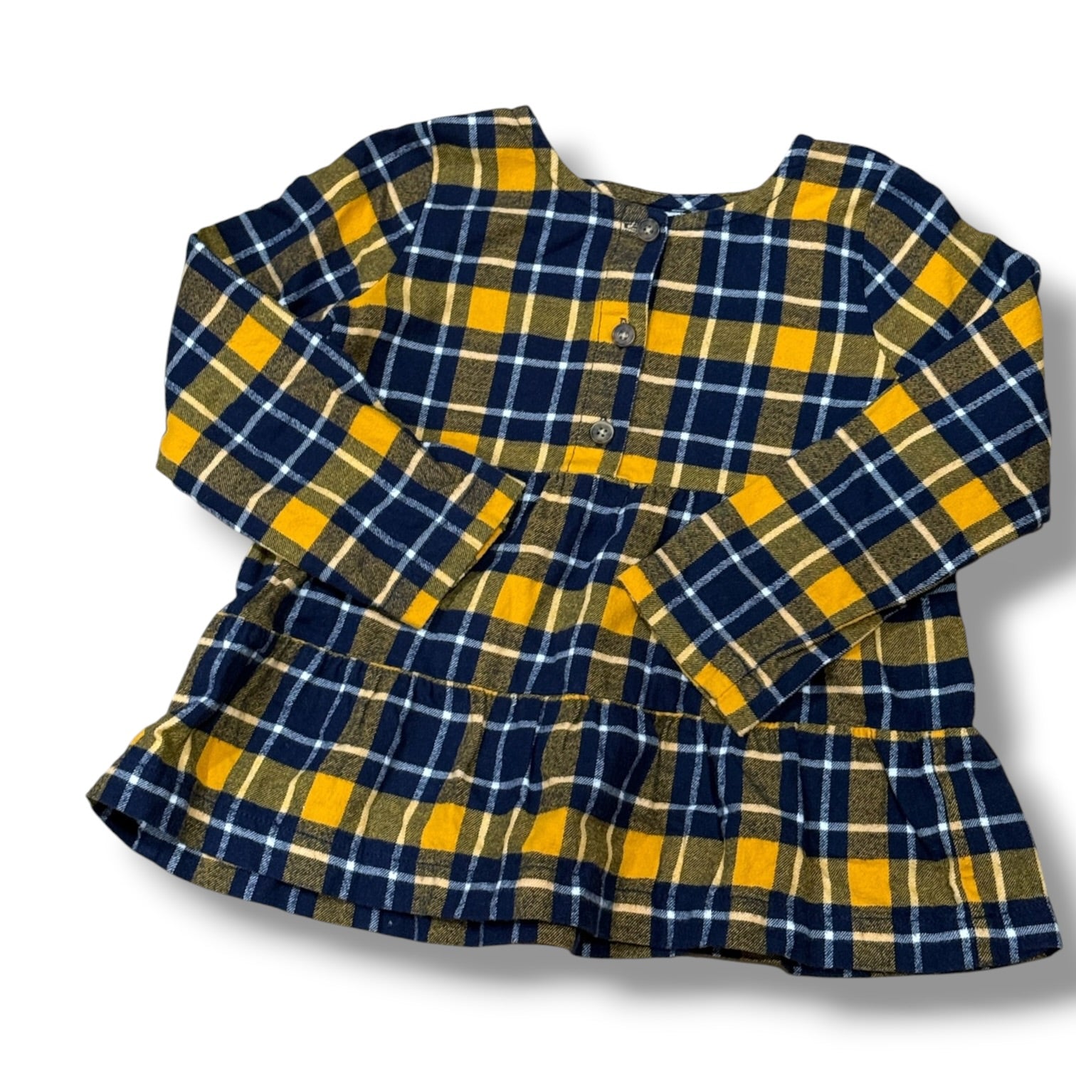 Size 5 Hanna Anderson navy and yellow flannel plaid tunic with buttons