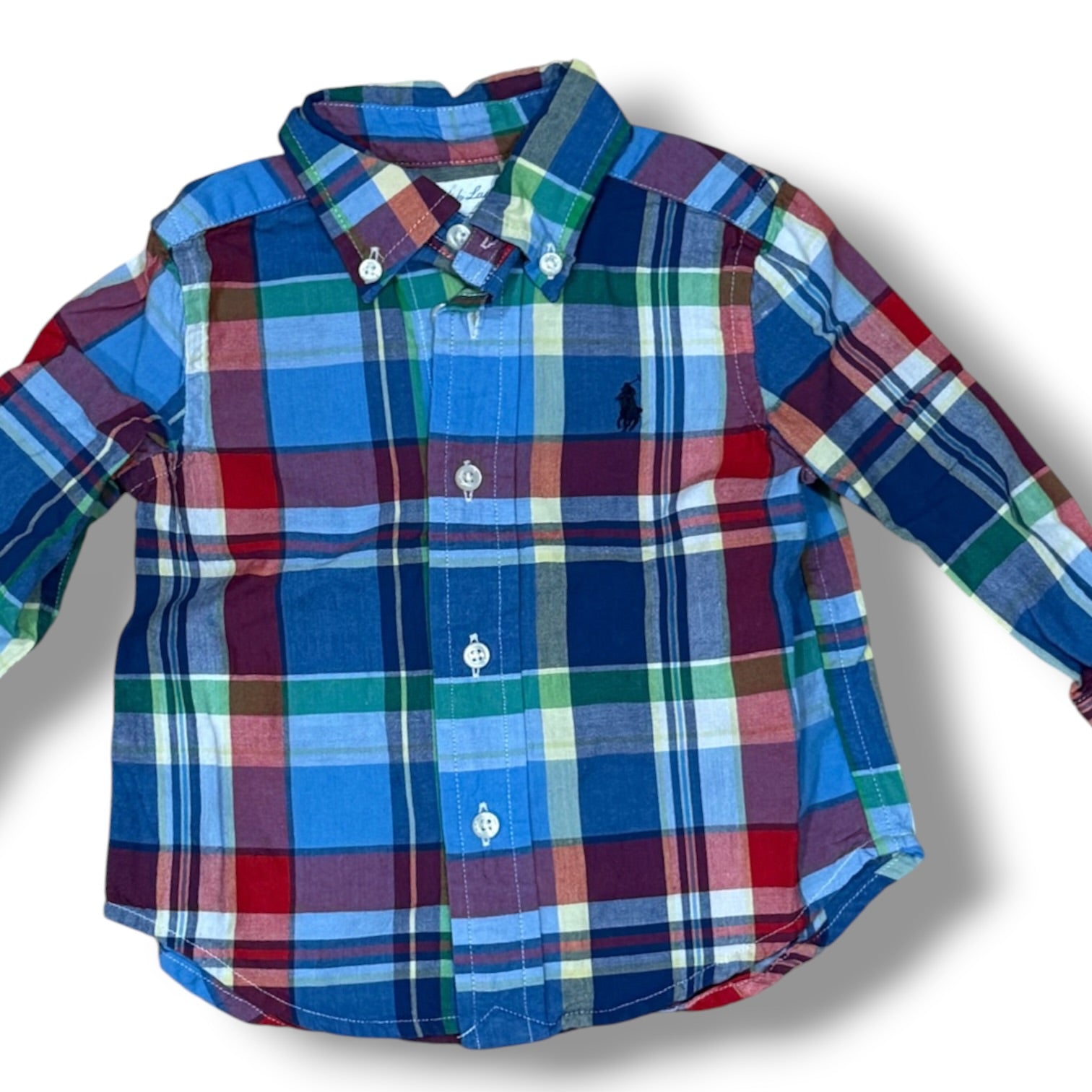 Size 9 month Ralph Lauren blue, red, green button down large plaid collard shirt