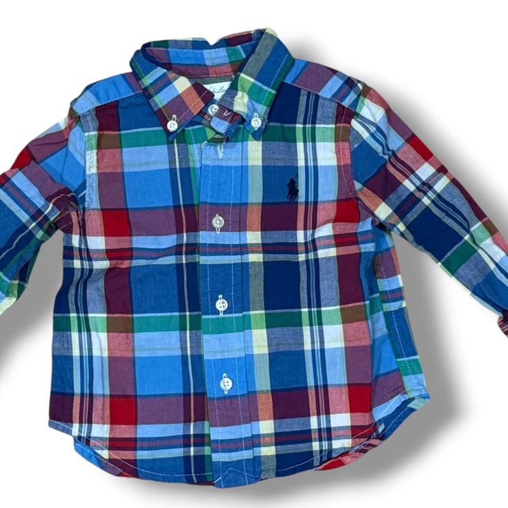 Size 9 month Ralph Lauren blue, red, green button down large plaid collard shirt