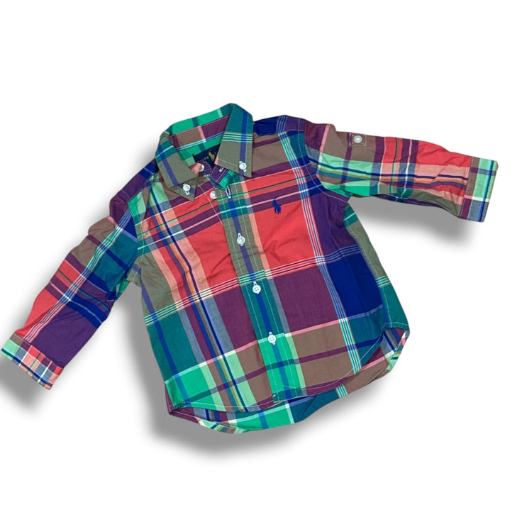 Size 9 month Ralph Lauren orange, green, purple button down large plaid collard shirt