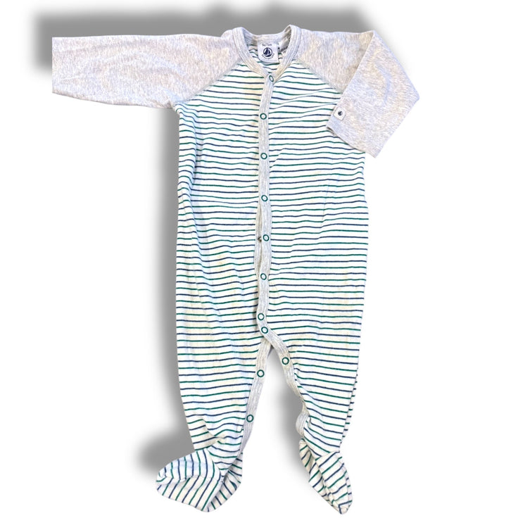 Size 9 month Petit bateau green/blue/white stripe sleeper with grey sleeves Default Title / 9 month / Boy
