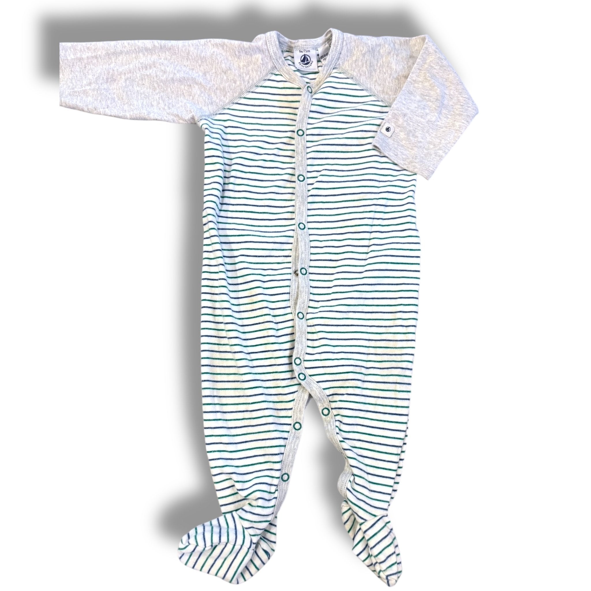 Size 9 month Petit bateau green/blue/white stripe sleeper with grey sleeves Default Title / 9 month / Boy