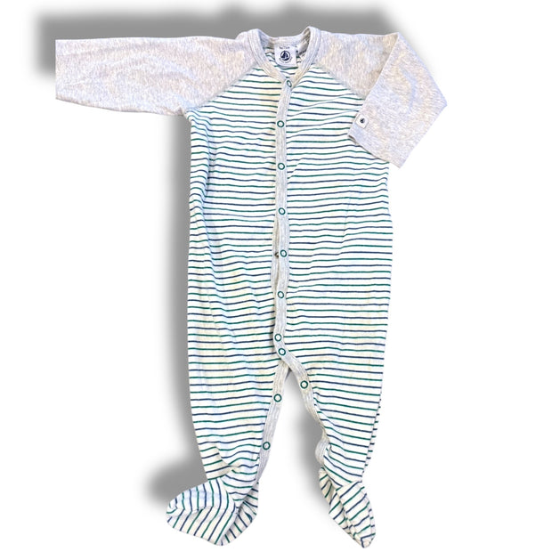 Size 9 month Petit bateau green/blue/white stripe sleeper with grey sleeves Default Title / 9 month / Boy