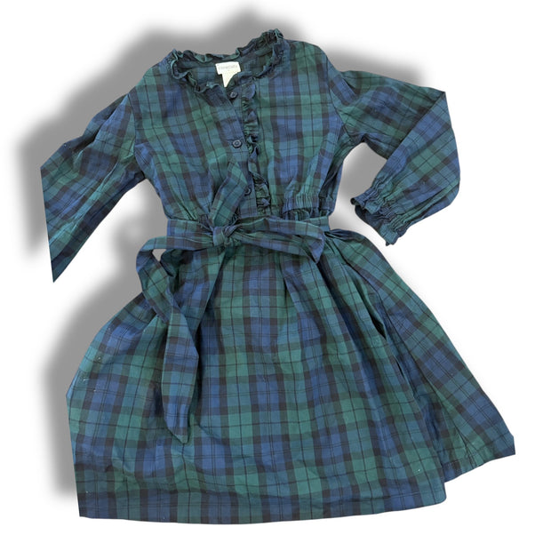 Size 6 Crewcuts navy/green check long sleeve button up dress with sash Default Title / 6 / Girl