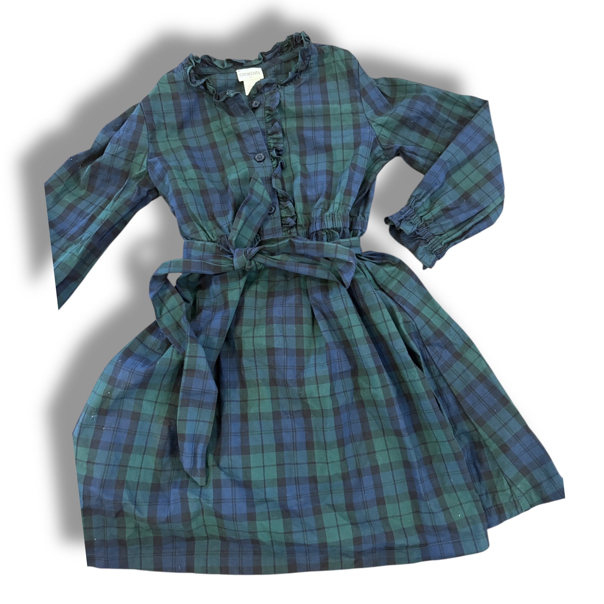 Size 6 Crewcuts navy/green check long sleeve button up dress with sash Default Title / 6 / Girl