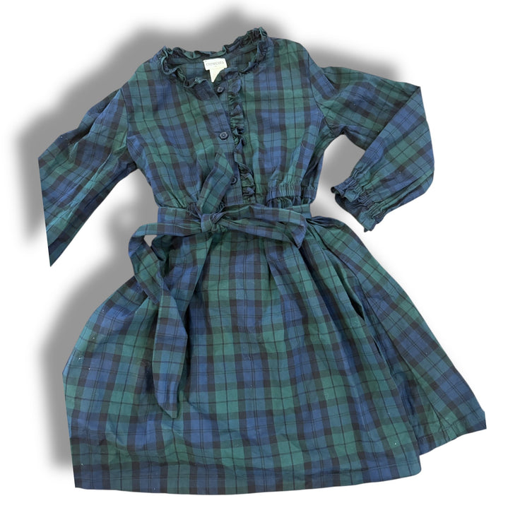 Size 6 Crewcuts navy/green check long sleeve button up dress with sash Default Title / 6 / Girl