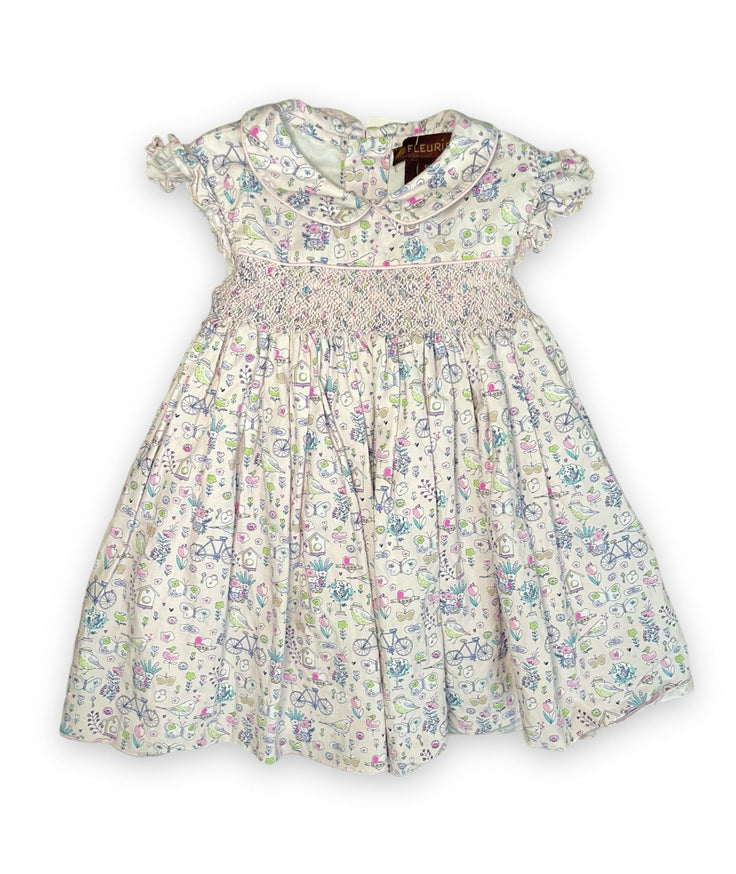 Size 9 month Fleurisse smocked pink dress with bird houses and bikes Default Title / 9 month / Girl