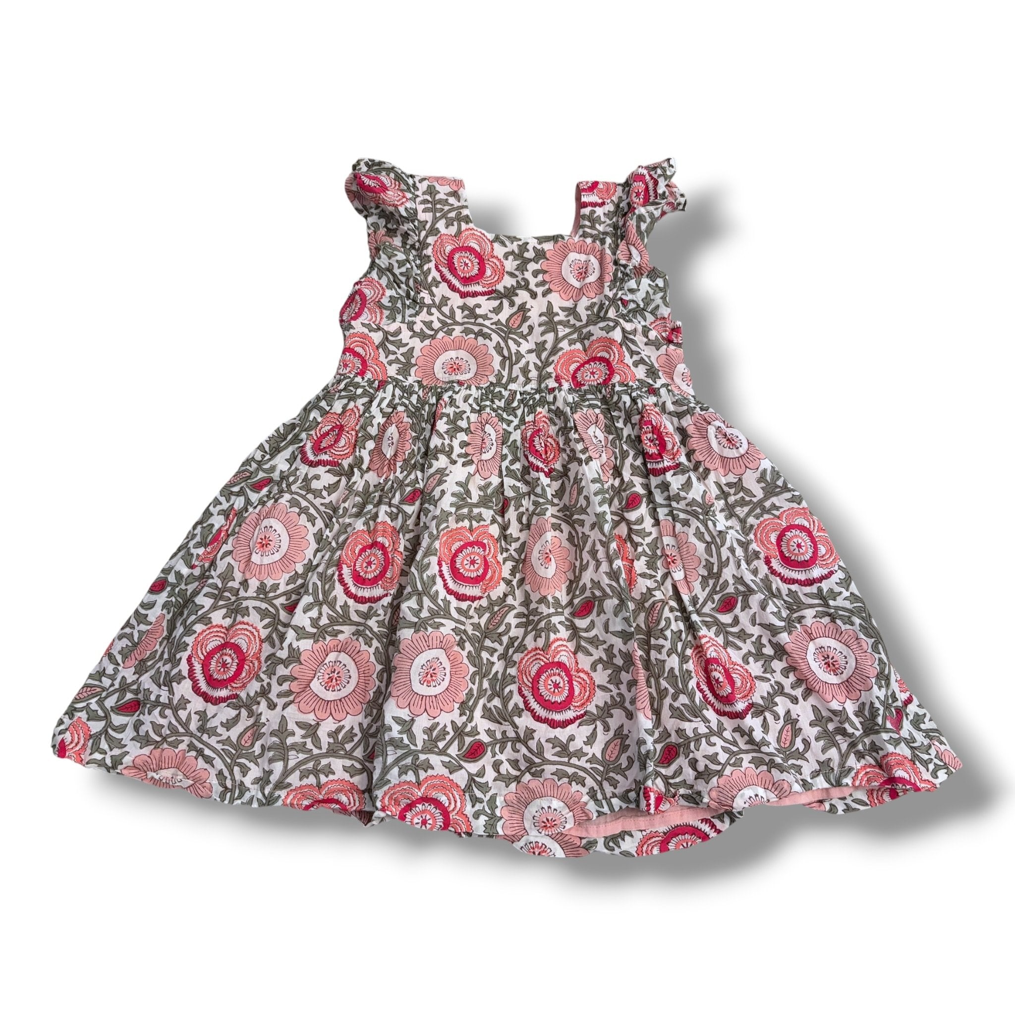 Size 4 Pink Chicken dress with pink/red flowers and green vines, ruffles on the sleeve Default Title / 4 / Girl