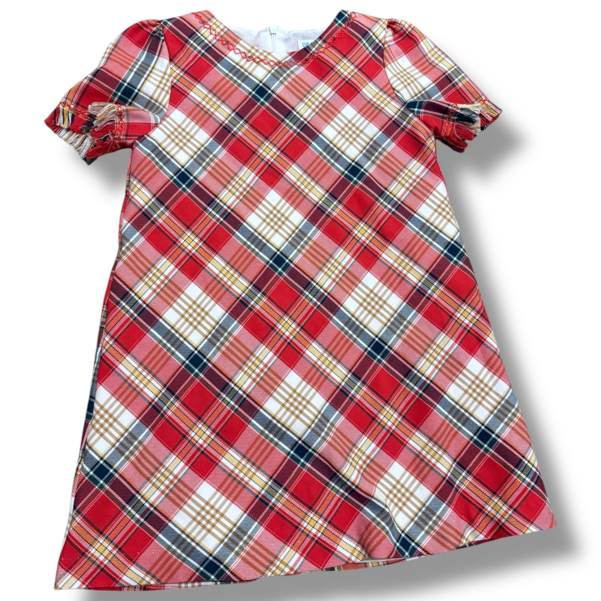 Size 6 Lula & Me red/tan/navy plaid dress w/ red stitching at collar Default Title / 6 / -