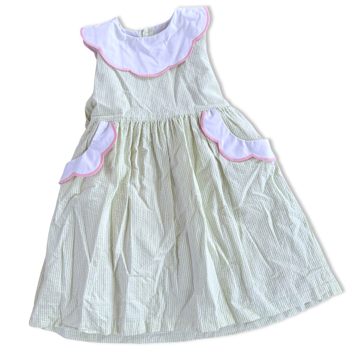 Size 5 Sophie & Lucas light green and white stripe seersucker dress with white and pink scallop collar & pockets Default Title / 5 / Girl
