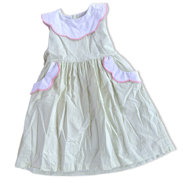 Size 5 Sophie & Lucas light green and white stripe seersucker dress with white and pink scallop collar & pockets Default Title / 5 / Girl