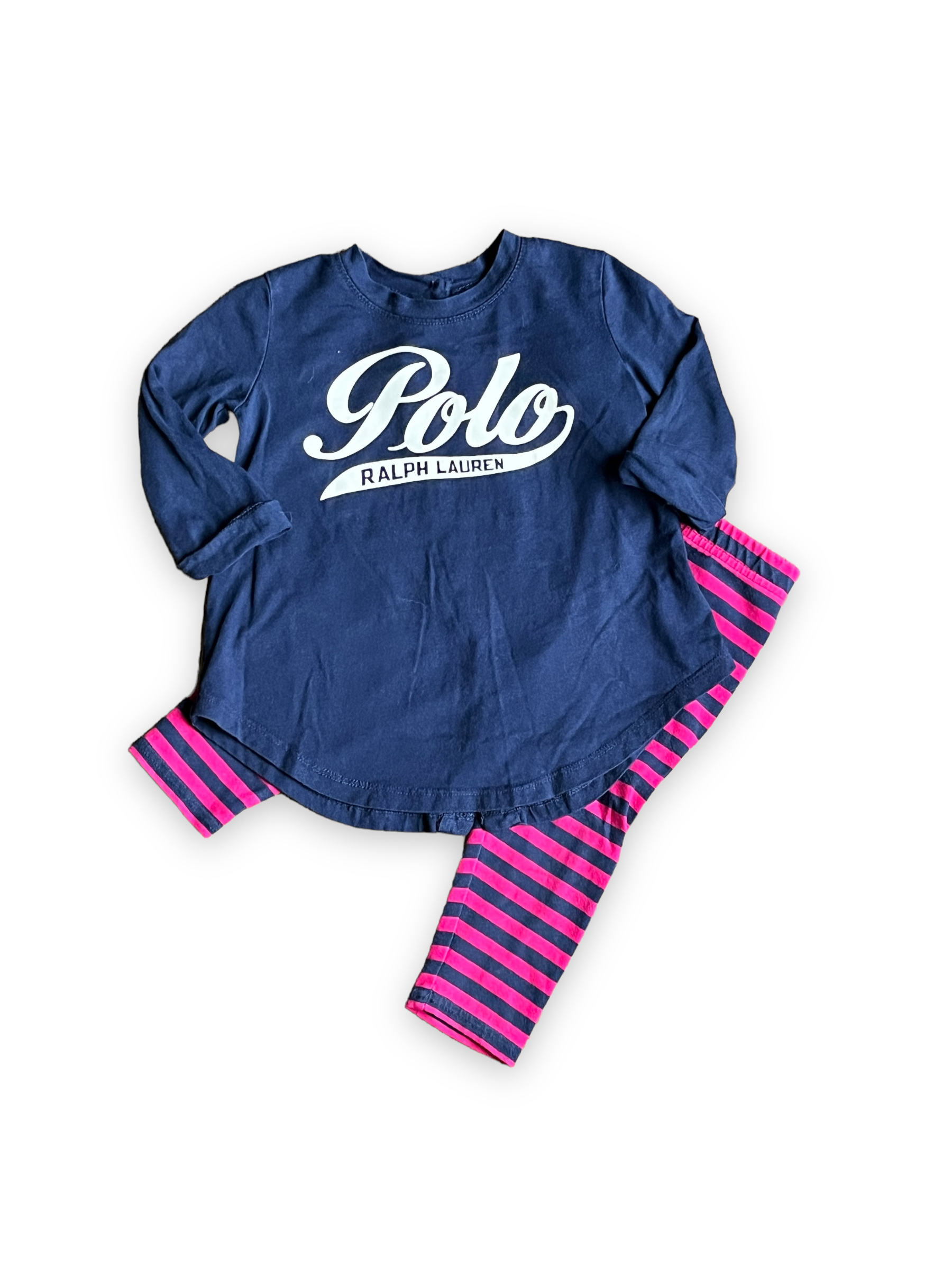 Size 18 month Ralph Lauren navy long sleeve and pink:navy striped pants Default Title / 18 month / Girl