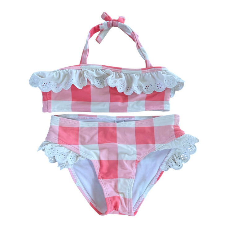 Size 5 Janie and Jack pink and white plaid two piece swim with white eyelet ruffle Default Title / 5 / -