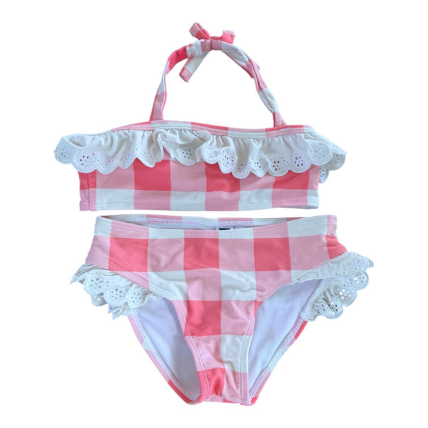 Size 5 Janie and Jack pink and white plaid two piece swim with white eyelet ruffle Default Title / 5 / -