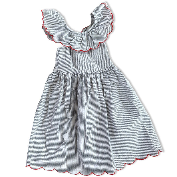 Size 6 Bella Bliss navy and white stripe seersucker with red trim scallop details Default Title / 6 / Girl