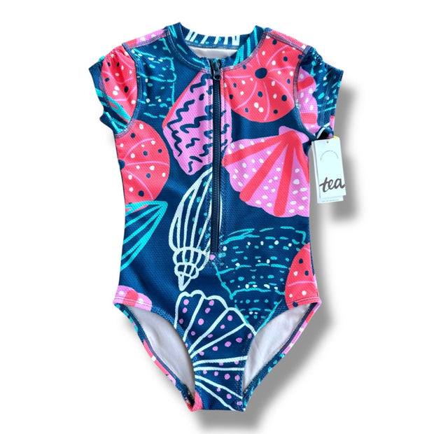 Size 6 short sleeve zip swimsuit / navy with green, pink, red shells NWT Default Title / 6 / Girl