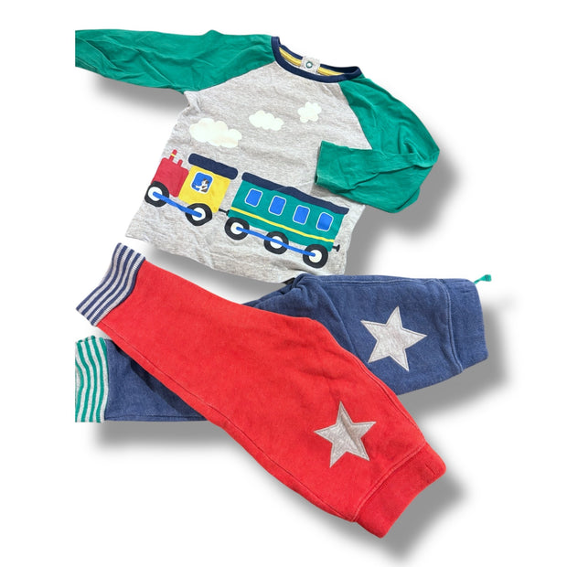 Size 18-24 month Boden bundle - red sweatpants w/ star, navy sweatpants w/ star, long-sleeve tee w/ green sleeves & train Default Title / 18-24 month / Boy